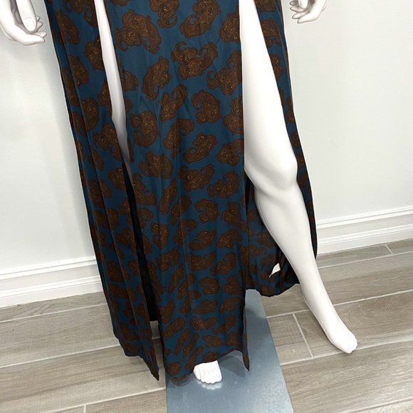 For Love & Lemons Double Slit V-Neck Maxi Dress Paisley Print Silk Blue Size S - Picture 8 of 14
